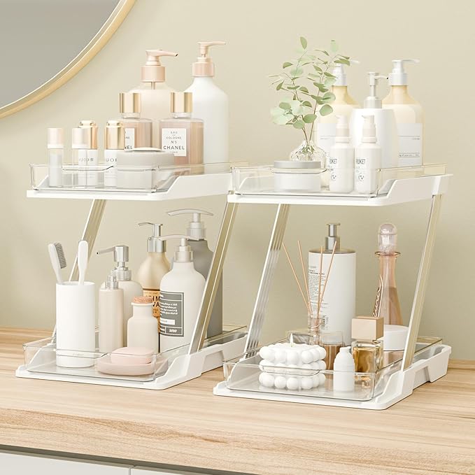 2 Pack Bathroom Organizers and Storage - Multi-Purpose,2-Tier Clear Pull Out Organization for Bathroom,Under Sink,Kitchen,Vanity,Countertop,Cabinet,Pantry & Medicine Cabinet,White-NeatNest