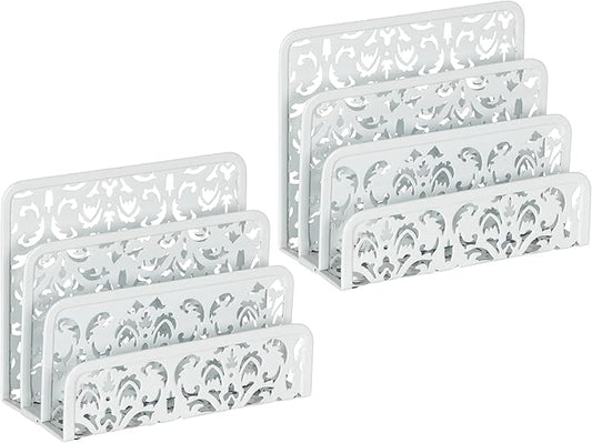 EasyPAG 2 Pack Mail Organizer with Hollow Floral Design, Metal Desktop Letter Sorter – 3 Compartments, No Assembly, Anti-Slip Feet for Office/Home Desk, White