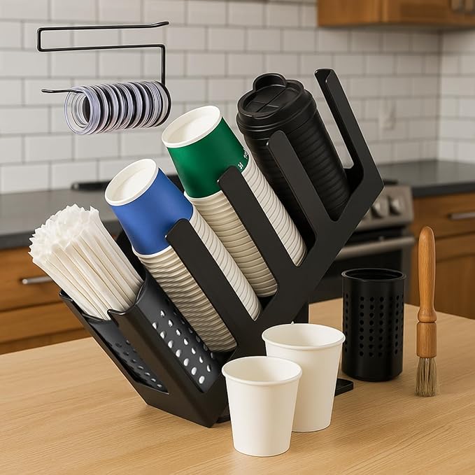 Cup and Lid Holder with Straw Organizer – Includes Clean Brush & Lid Organizer, 4 Adjustable Compartments, Coffee Cup and Lid Dispenser for Countertop, Coffee Station, Breakroom, Bar – Black-NeatNest