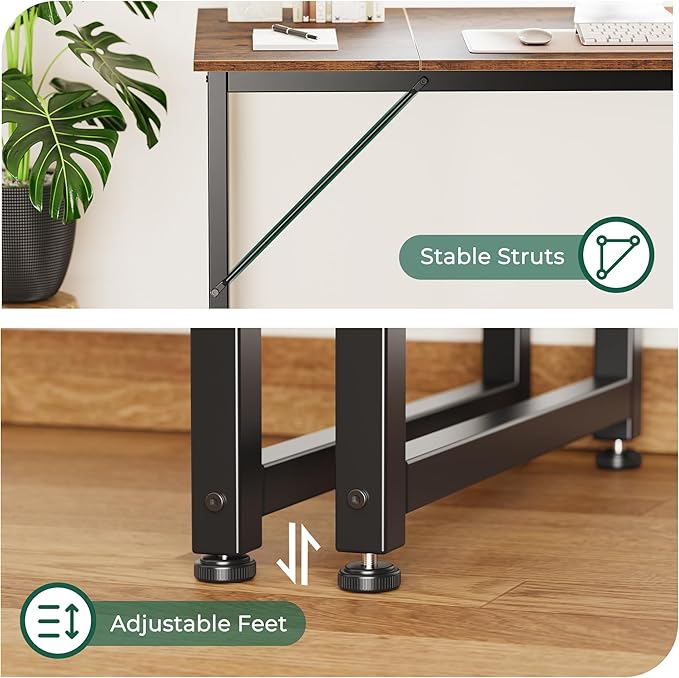 Huuger Computer Desk, 63 Inch Office Desk, Gaming Desk with Storage, Writing Desk Work Desk for Home Office, Study, Modern Simple Desk, Large Legroom, Metal Frame, Rustic Brown-NeatNest
