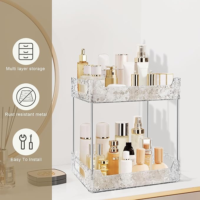 2-Tier Bathroom Counter Organizer Countertop Storage, Dresser Organizer Vanity Tray for Makeup, Perfume Organizer Cosmetics Skincare Shelf - Clear-NeatNest
