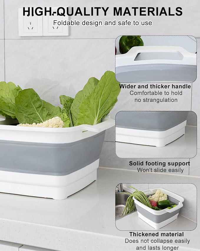 Collapsible Wash Basin with Drain Plug 9L (2.4Gal), Dishpan for Washing Dishes Basin,Collapsible Dish Tub Portable Sink for Kitchen Sink, Camping RV Washing Tub(Gray)-NeatNest