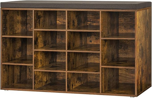 DINZI LVJ Shoe Storage Bench with Cushion, 14-Cubby Shoe Rack, Adjustable Shelves, Multifunctional Shoe Organizer Bench for Entryway, Mudroom, Hallway, Living Room, Bedroom and Garage, Rustic Brown-NeatNest