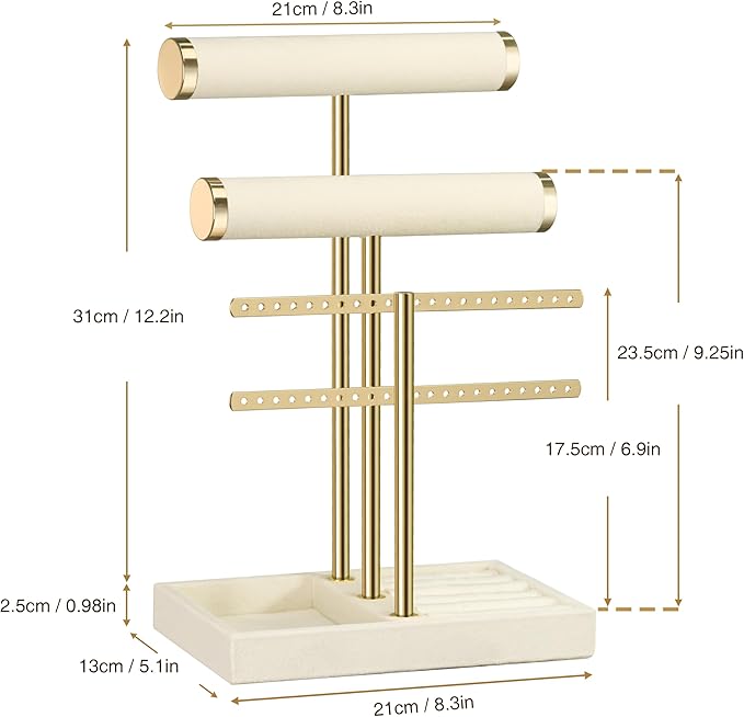 3 Tier Bracelet Holder Display - Detachable T Bar Beige Velvet Bracelet Holder, Jewelry Holder Organizer for Bracelet, Necklace, Earrings, Rings