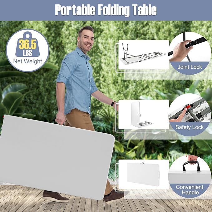 Goplus 8ft Plastic Folding Table, 350 LBS Outdoor Heavy Duty Folding Tables with HDPE Tabletop, Handle, Lock, Foldable Rectangle Portable Utility Card Table for Picnic, Party, Camping, Dining-NeatNest