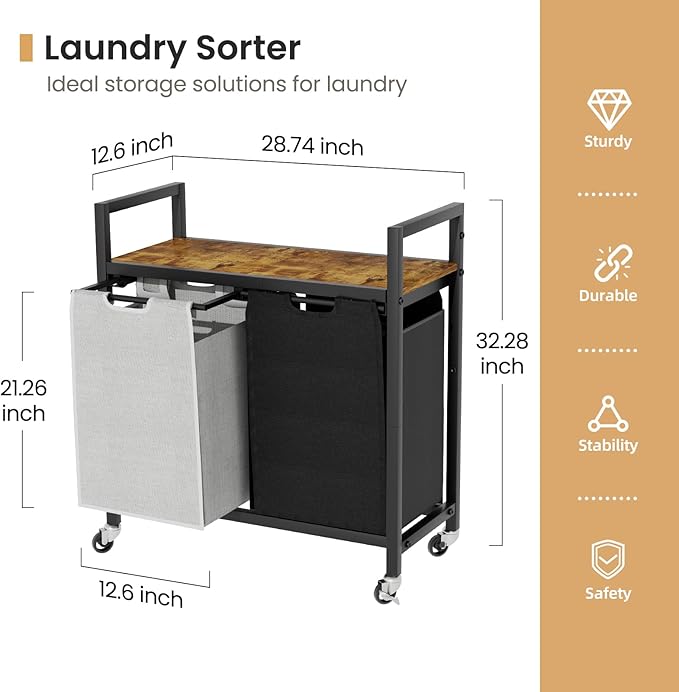 Laundry Hamper, Laundry Basket, Laundry Sorter with 2 Removable Bags, Clothes Basket with 2 Compartments, Wheels, Shelf for Laundry Room Bathroom Bedroom (2 Bags-Black Grey)-NeatNest