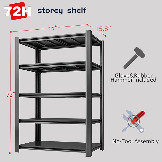 5-Tier 35" W x 15.8" D x 72" H Garage Shelving 3000LBS Storage Shelves Heavy Duty Metal Shelf Unit Adjustable Basement Industrial Storage Racks-NeatNest