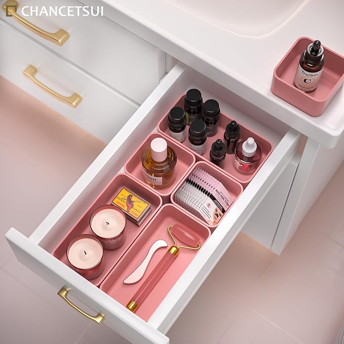 6 Pcs Stackable Drawer Organizer Set Desk Drawer Dividers, Bathroom Vanity Cosmetic Makeup Trays , Multipurpose Plastic Storage Bins for Jewelries, Kitchen Gadgets and Office Accessories, Rose-NeatNest
