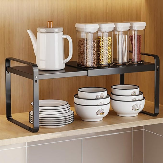 Expandable Cabinet Shelf, Lengths Adjustable Shelf Organizer Riser, Metal Space-Saving Cupboard Organizers for Kitchen Cabinet Pantry Cupboard Under Sink Countertop, Black-NeatNest