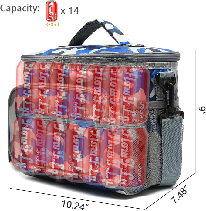 FlowFly Insulated Reusable Lunch Bag Adult Large Lunch Box for Women and Men with Adjustable Shoulder Strap,Front Zipper Pocket and Dual Large Mesh Side Pockets,BlueCamo-NeatNest
