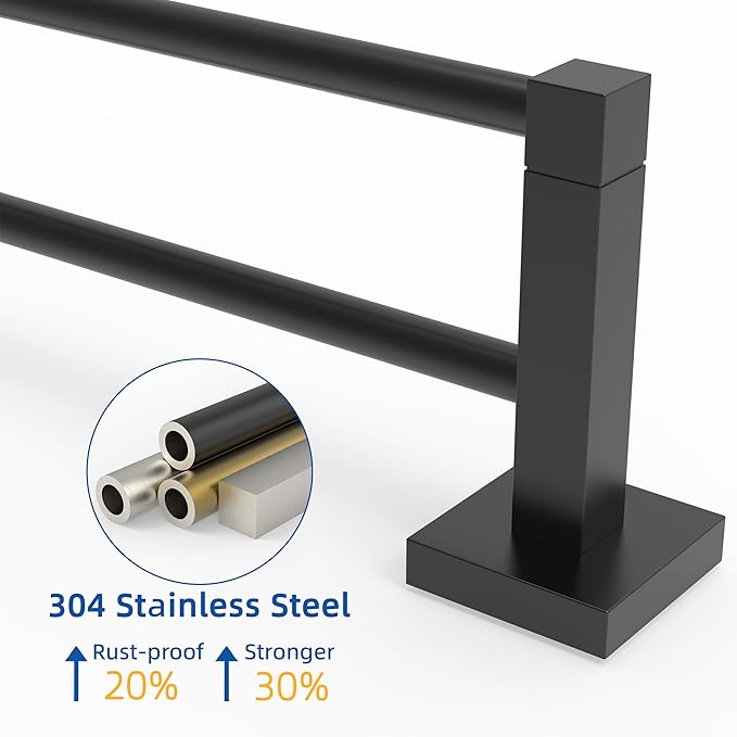 RUACQ Double Towel Bar, 24 Inch Bath Towel Rack for Bathroom, Square Base Hand Towel Holder, 304 Stainless Steel Towel Hanger Wall Mounted,Heavy Duty(Matte Black)