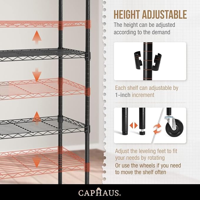 CAPHAUS NSF Commercial Grade Heavy Duty Wire Shelving w/Wheels, Leveling Feet & Liners, Storage Metal Shelf, Garage Shelving, Utility Wire Rack Shelves, 30 x 14 x 64 5-Tier w/o Liner-NeatNest