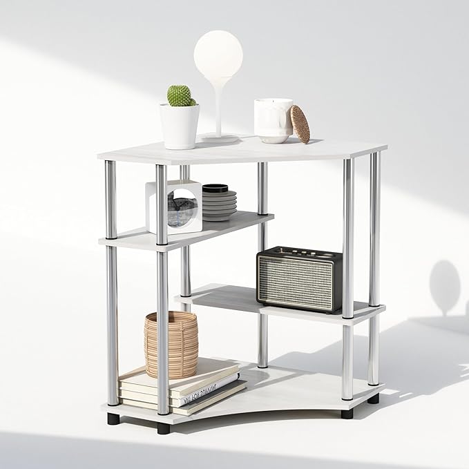 Furinno Turn-N-Tube Multipurpose Corner Shelf, Display Rack, Bookshelf, White Oak, Stainless Steel Tubes-NeatNest