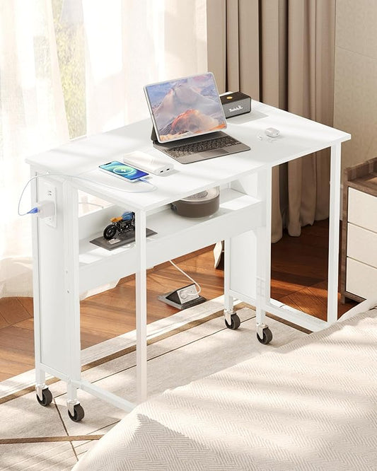31.5" Modern White Folding Computer Desk with Power Outlets, Wheels, Storage, Perfect for Small Spaces White TDN01UWB-NeatNest