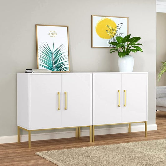 JOZZBY Buffet Sideboard Cabinet with Storage, Modern Wooden Cabinet with Adjustable Shelves, White and Gold Cabinets for Living Room, Kitchen, Hallway, Set of 2
