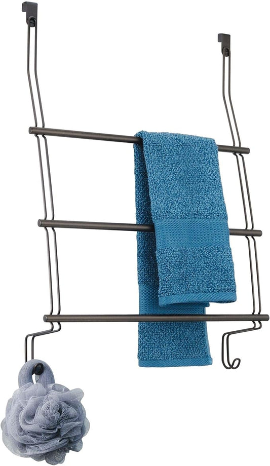 iDesign Classico Steel Over-The-Door Towel Rack with Storage Hooks - 16.75" x 4.25" x 24", Bronze