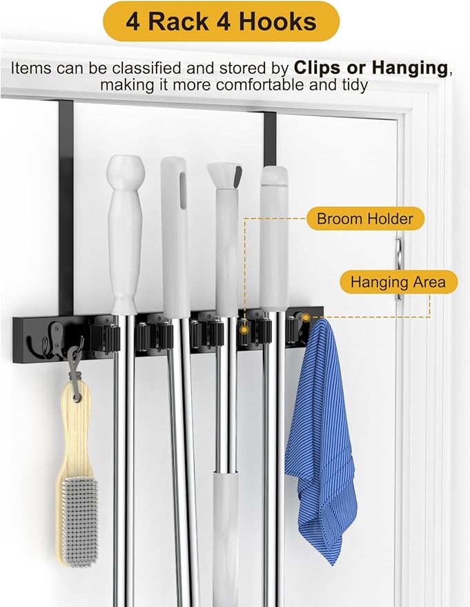 Broom Holder Door Mount, Over the Door Broom and Mop Holder, Drilling-Free Wood Mop Holder with 2 over Door Hooks, 4 Slots & 4 Hooks Rusticfor Garage, Closet, Laundry (Black*2)-NeatNest