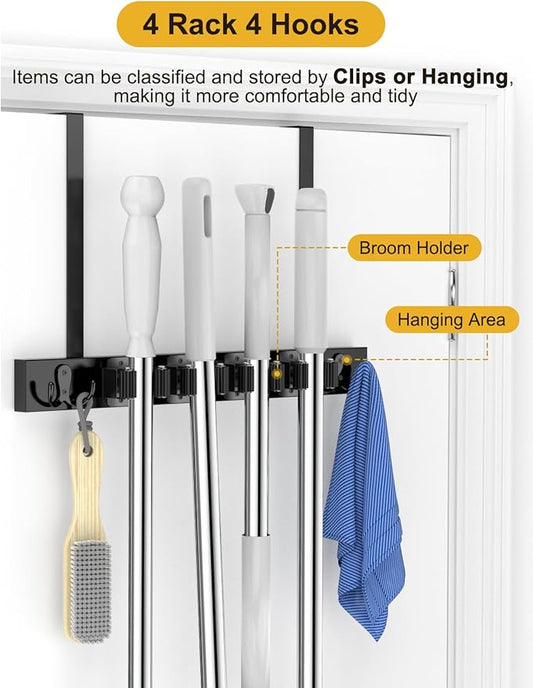 Broom Holder Door Mount, Over the Door Broom and Mop Holder, Drilling-Free Wood Mop Holder with 2 over Door Hooks, 4 Slots & 4 Hooks Rusticfor Garage, Closet, Laundry (Black*2)-NeatNest