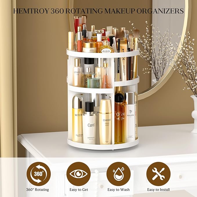 Makeup Organizer 360 rotating, Adjustable Skincare Organizers with Brush Holder, Cosmetics Display Cases for Vanity Bathroom Countertop Large Capacity Carousel Make up Caddy Shelf (White)-NeatNest