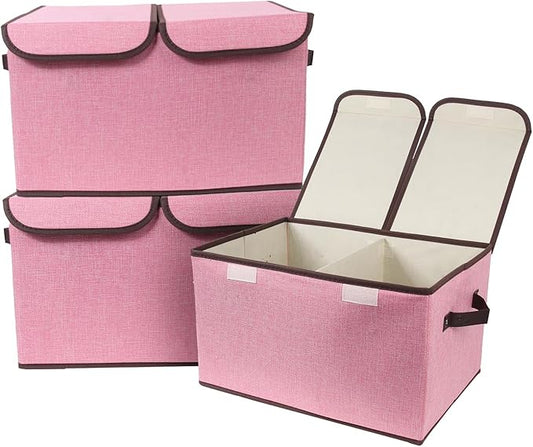 Foldable Fabric Storage Box with Double-Lid & Dividers, Large Organizer for Home, Closet, Office (Pink, 3 Packs)