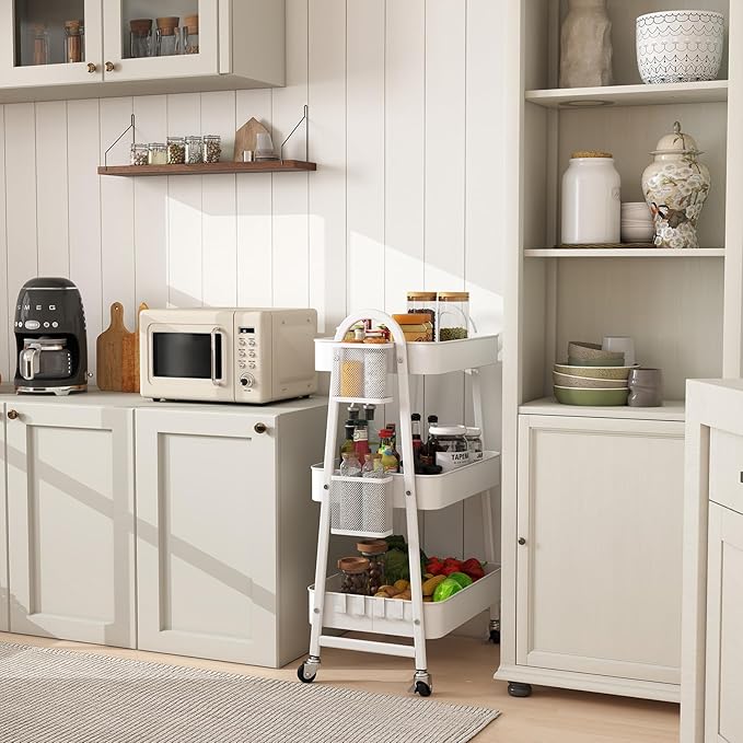 Sekey 3 Tier Rolling Cart Metal, Easy Install Utility Cart on Wheels, Hanging Cups & Hooks, Heavy Duty Storage Cart with Lockable Wheels for Baby Nursery, Bathroom, Kitchen, Laundry Room, White
