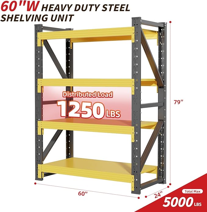 60" W Garage Shelving,4-Tier Heavy Duty Storage Shelves Unit with Adjustable Metal Shelf for Warehouse,Basement,Workshop,5000LBS,60" W x 24" D x 79" H,Black&Yellow-NeatNest