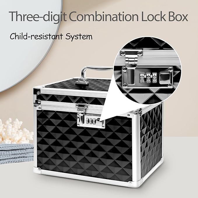 Medication Combination Lock Boxes with Code for Personal Items, Medicine Lockbox for Documents 10 x 7.25 x 7.75 Inches Plaid Black