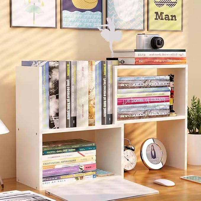 Aleiodvn Expandable Wood Desktop Bookshelf,Desktop Organizer Office Storage Rack,Free Style Rotation Display Shelf,Adjustable Desk Hutch Corner Desk Storage Shelf,Desk Top Shelfing,Home Decor(White)-NeatNest
