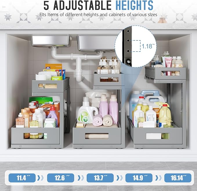 1 Pack 17IN Depth Under Sink Storage Organizer, Large 2-Tier Elegant Mesh Pull Out Shelf for Kitchen and Bathroom Cabinet Organization, L-Shaped and Adjustable Height Design-Gun Gray-NeatNest