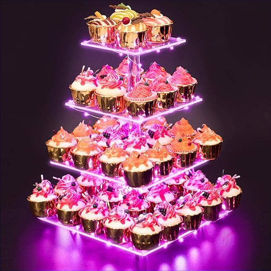 Cupcake Stand – Premium Cupcake Holder – Cady Bar Party Décor – 4 Tier Acrylic Tower Display for Pastry + LED Light String – Ideal for Weddings, Birthday (Pink Light)-NeatNest