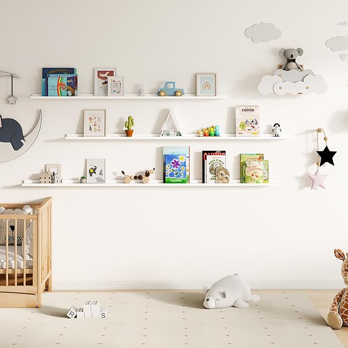 Floating Picture Ledge Shelves for Wall Set of 2, 55 Inches Picture Shelf with Ledge, Nursery Book Shelf for Toys Storage Kids Bookshelf Wall Mounted Living Room Bedroom Decor Frames, White-NeatNest