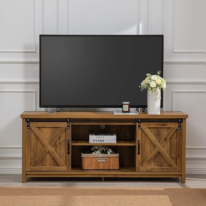 GAZHOME Modern Farmhouse TV Stand with Sliding Barn Doors, Media Entertainment Center Console Table for TVs up to 65”,2-Tier Large Storage Cabinets,Rustic TV Stand for Living Room Bedroom,Brown-NeatNest