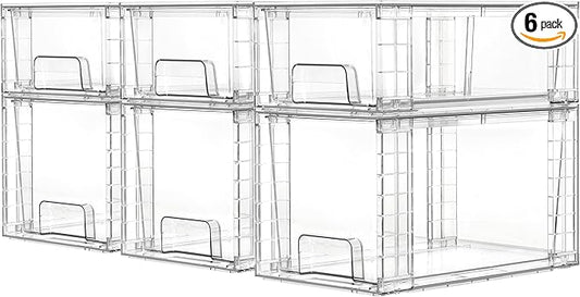 Vtopmart 6 Pack Clear Stackable Storage Drawers,Easy to Assemble Bathroom Organizers and Storage with handles,Plastic Drawers for Kitchen Pantry,Cabinet,Under Sink Organization-NeatNest