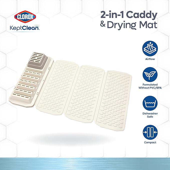 Clorox KeptClean 2-Piece Folding Kitchen Sink Mat and Sink Organizer – Folding Mat for Elevated Drying and Storage, Extending Organizer Dries 6 Plates, Flips to Dry Accessories – Almond Cream