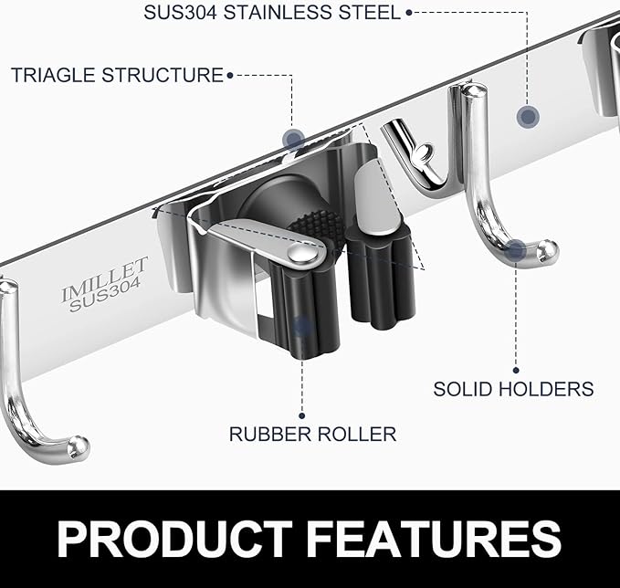 IMILLET Broom and Mop Holder Wall Mounted, Stainless Steel Broom Holder Mop Holder Self Adhesive Heavy Duty Hooks Storage Organizer for Home Laundry Room Garden Garage（3 Racks with 4 Hooks）-NeatNest