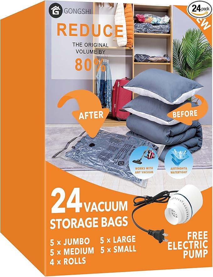 24 Pack Vacuum Storage Bags with Electric Pump, (5 Jumbo, 5 Large, 5 Medium, 5 Small, 4 Roll Up Bags) Space Saver Bag for Clothes, Mattress, Blanket, Duvets, Pillows, Comforters,Travel-NeatNest