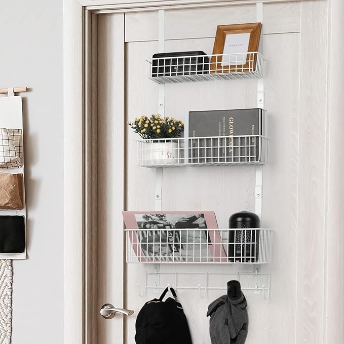 YBING Over The Door Organizer with Hooks Door Hanger Towel Rack with 3 Mesh Baskets Back of Door Hanging Shelf Organizer Behind Door Pantry Organizer for Bathroom Bedroom White