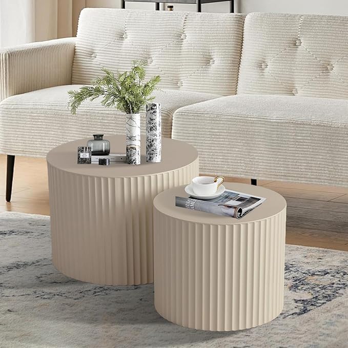Round Nesting Coffee Table Set of 2, Modern Coffee and End Table Set Small Circle Wooden Drum Side Table Accent End Tables for Living Room Office, No Assembly,Cream Small