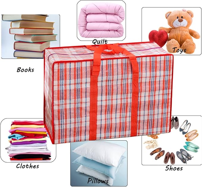 Heavy Duty Jumbo Moving Bags, 147L Oversize Organizer Storage Bags With Durable Zippers for Clothes Comforter Pillow, Water-proof Totes for Carrying Camping Bedding (Set of 4) Red