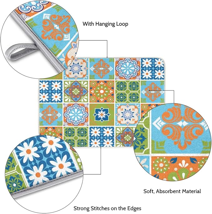 Dish Drying Mat for Kitchen Counter - Absorbent Microfiber Drying Rack Pads Reversible Dish Pad Draining Mats for Countertop Coffee Mats,18x24 inch(Mexican Talavera)