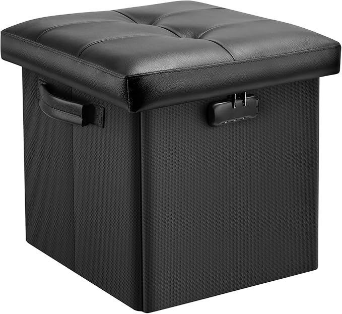 DocSafe Storage Ottoman with Lock,Fireproof Folding Ottoman Foot Rest Stool Storage Chest with Storage Safe for Important Documents,Waterproof 13 Inches Short Ottoman Foot Stool with Handles,Black-NeatNest