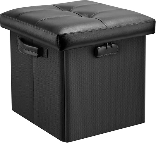 DocSafe Storage Ottoman with Lock,Fireproof Folding Ottoman Foot Rest Stool Storage Chest with Storage Safe for Important Documents,Waterproof 13 Inches Short Ottoman Foot Stool with Handles,Black-NeatNest