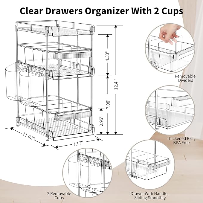 Clear Bathroom Organizers 2 Sets 3 Tier, Pull Out Organizer and Storage with 2 Cups, Slide Out Drawer Storage Container with 6 Dividers, Multi-Purpose Bathroom Organizer, Kitchen Under Sink Organizer-NeatNest