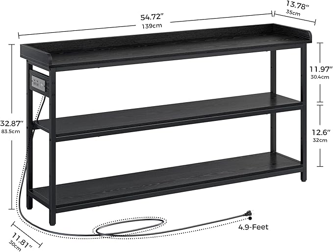IRONCK Console Table, Sofa Table with Power Outlet, Farmhouse Hallway Table for Entryway, Living Room, Height Adjustable, Easy Assembly, Vintage Black,55"-NeatNest