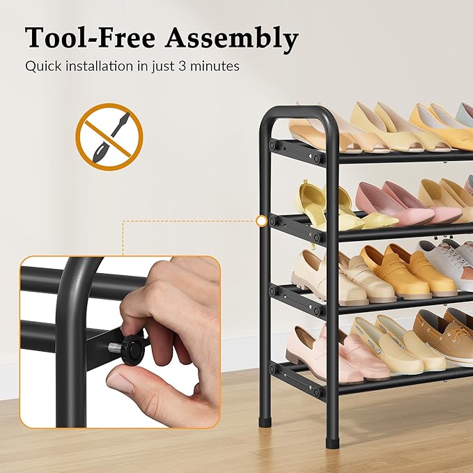 4 Tier Shoe Rack for Closet,Shoe Organizer, 28“ Metal Shelf Can Expandable to 42“, for Bedroom, Entryway, Living Room, Garage, Adjustable to 24 Pairs Shoes, Black-NeatNest
