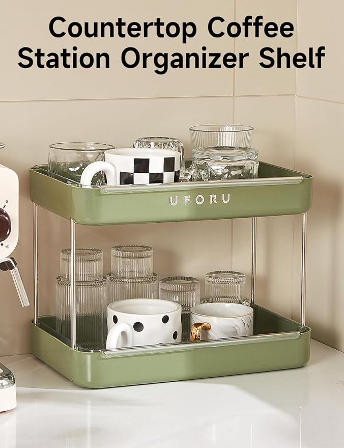 Countertop Coffee Station Organizer | 2-Tier Whisky Glass Tray, Mug Drying Shelf with Removable Drain Tray - Easy to Install, Clean - Spice Rack for Kitchen, Bathroom Counter Organzier-NeatNest