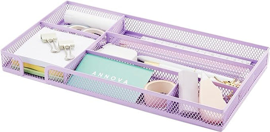 Annova Desk Drawer Organizer/Storage Tray - Metal Mesh with Dividers for Pens, Desktop Accessories, Bathroom, Kitchen, Makeup and Office Supplies (Small, Light Purple)-NeatNest
