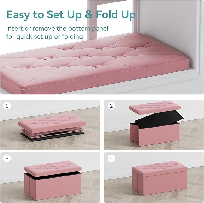 BRIAN & DANY Folding Storage Ottoman Bench, Ottoman with Storage, Foot Rest, Benches Seat for Bedroom, Living Room, Entryway, Long Shoes Bench, 15.7" x 31.5" x 15.7" Hot Pink-NeatNest