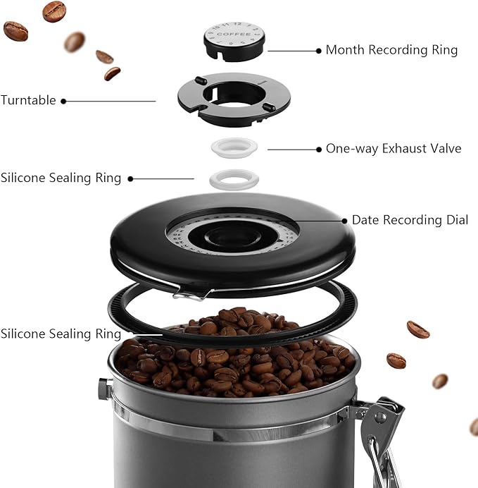 Bincoo Premium Grey Coffee Canister, 1500ml/18oz Large Airtight Stainless Steel Coffee Bean Storage Container with Date Tracker & Scoop (1500ML-Grey)-NeatNest