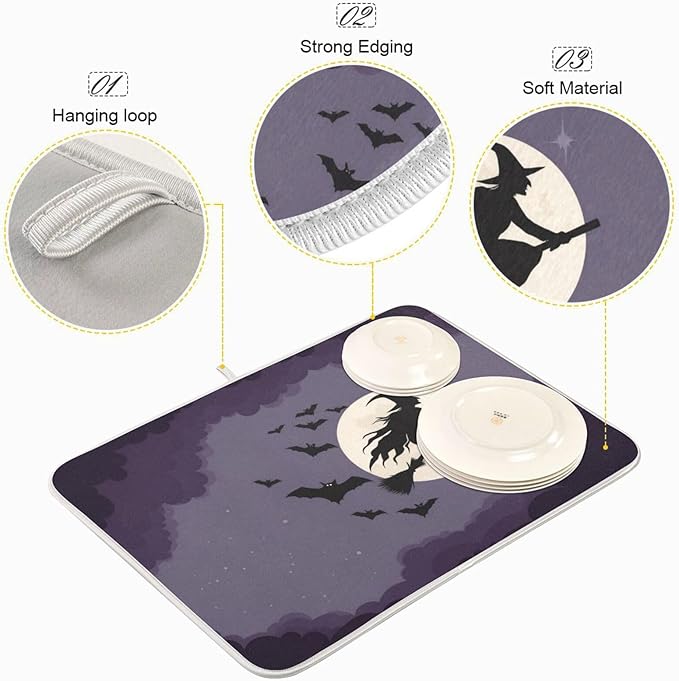 Halloween Flying Witch Drying Matt Absorbent Kitchen Mat Dishes Drying Mat Xl 18 x 24 Dish Drainer Mat for Kitchen Counter Dish Drying Matt